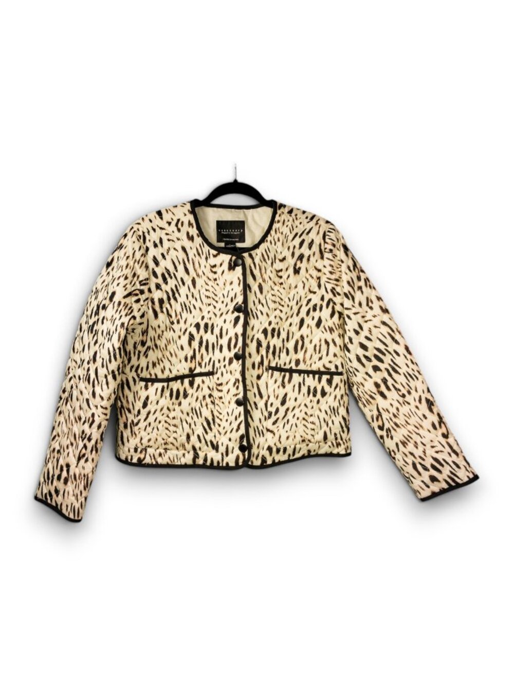 Sanctuary Snow Leopard Quilted Jacket Black Trim Sz L NWT